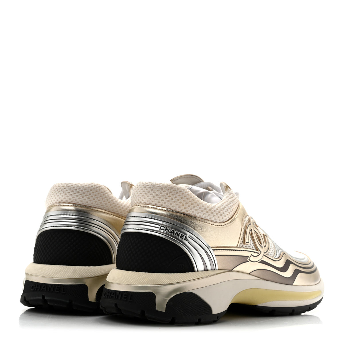 Fabric Laminated Calfskin Stretch CC Sneakers 38 41.5 White Gold Silver