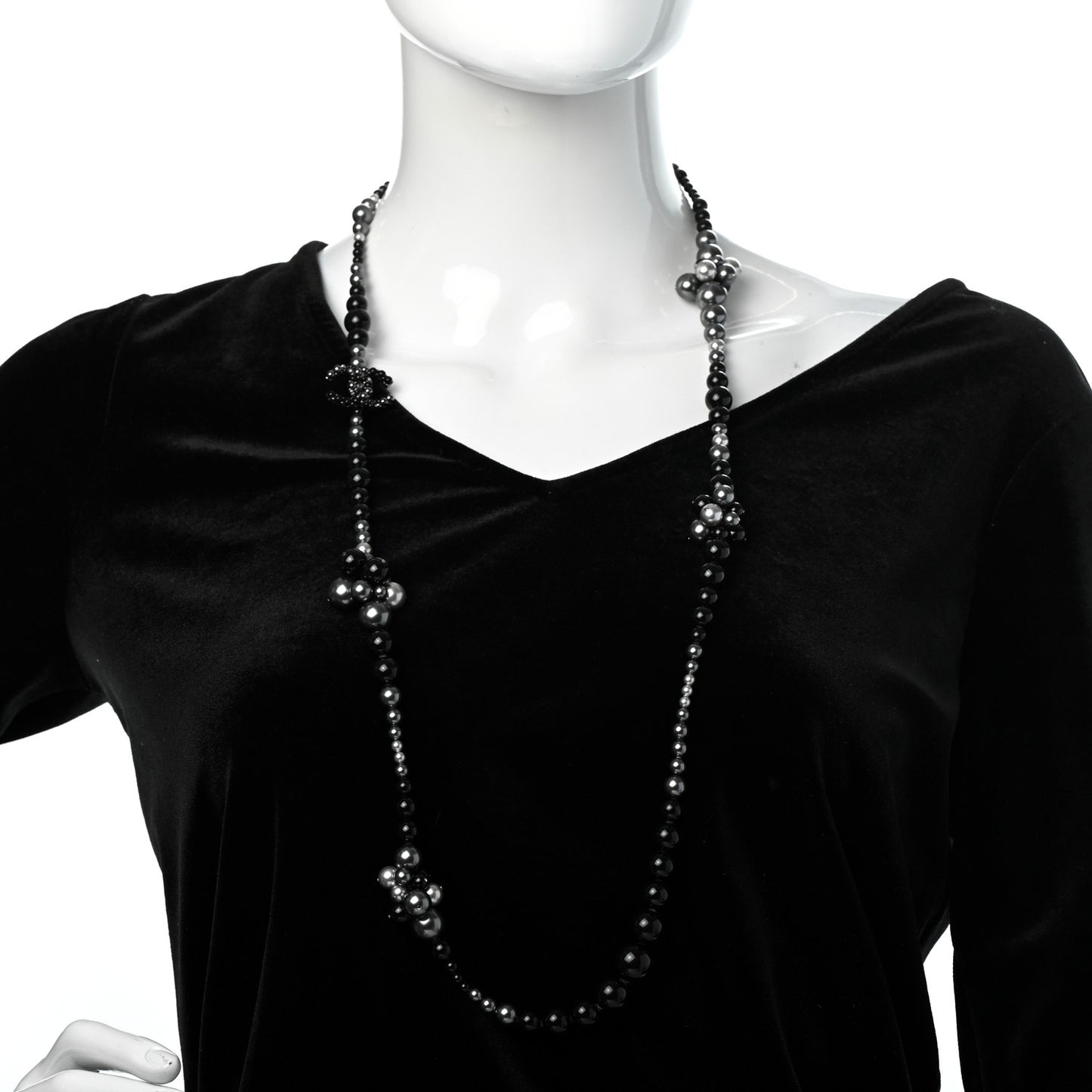 Pearl Beaded CC Long Necklace Black Grey