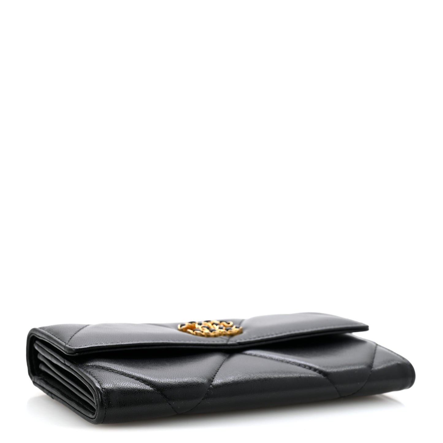 Shiny Goatskin Quilted Chanel 19 Flap Wallet Black