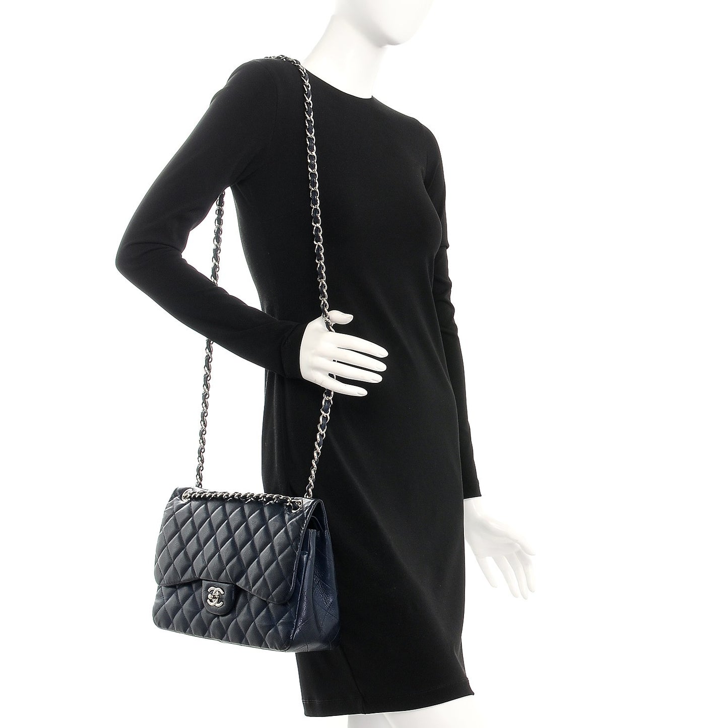 Caviar Quilted Jumbo Double Flap Navy Blue