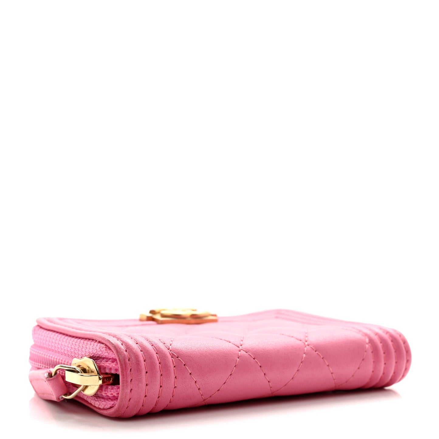 Calfskin Quilted Boy Zip Around Coin Purse Wallet Pink