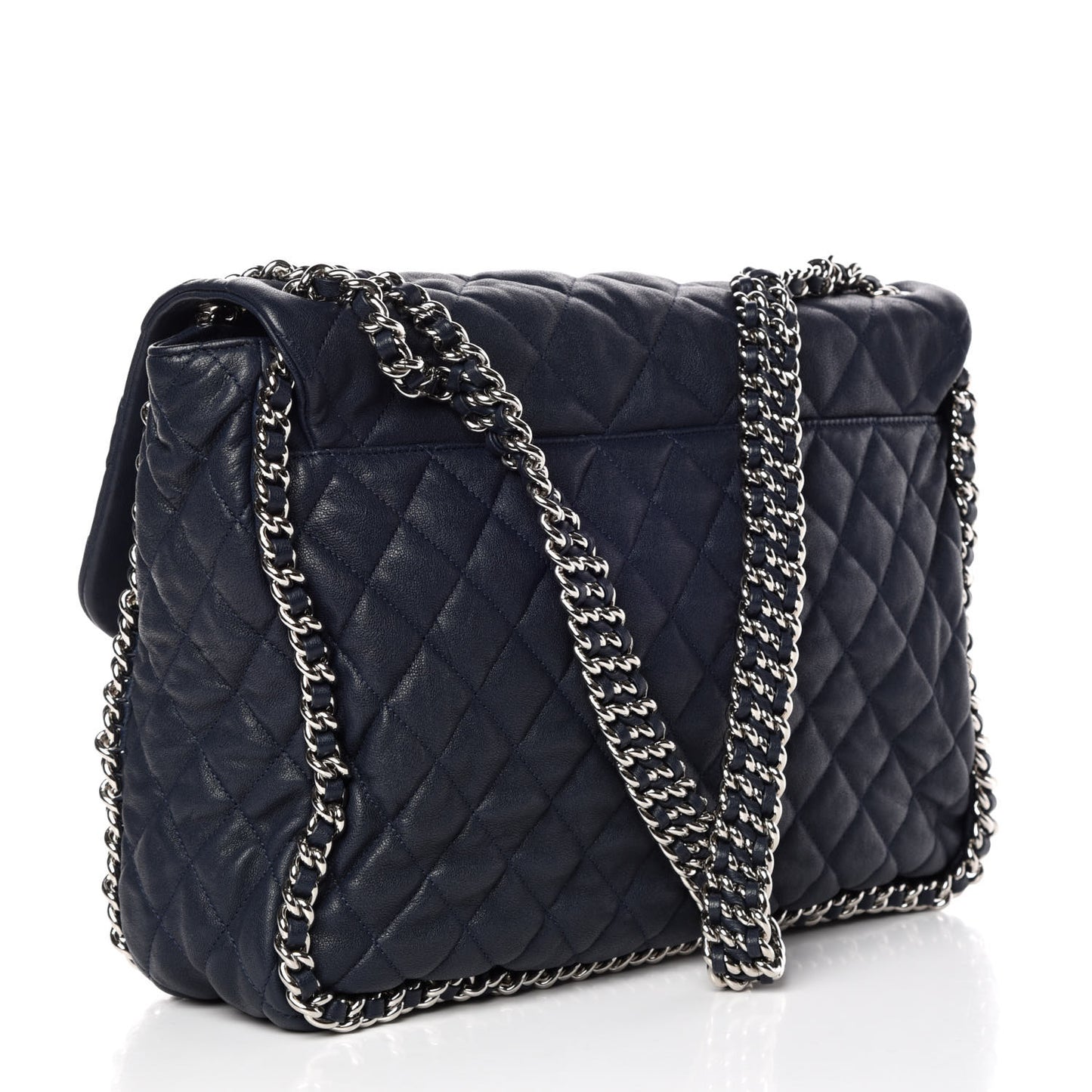 Washed Lambskin Quilted Chain Around Maxi Flap Dark Navy Blue