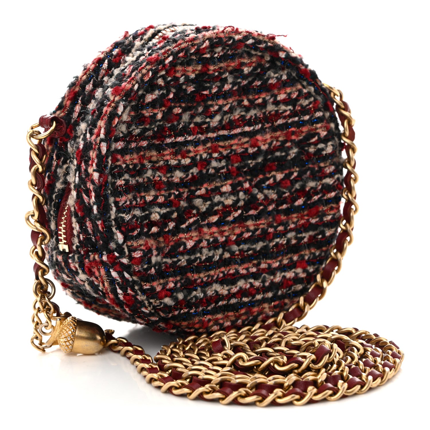 Chanel Tweed Quilted Round Clutch With Chain Red 3 of 10