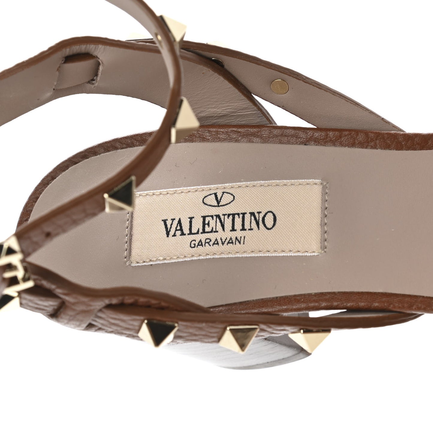 Pebbled Calfskin Rockstud Ankle Strap 60mm Sandals 37.5 Bright Cognac