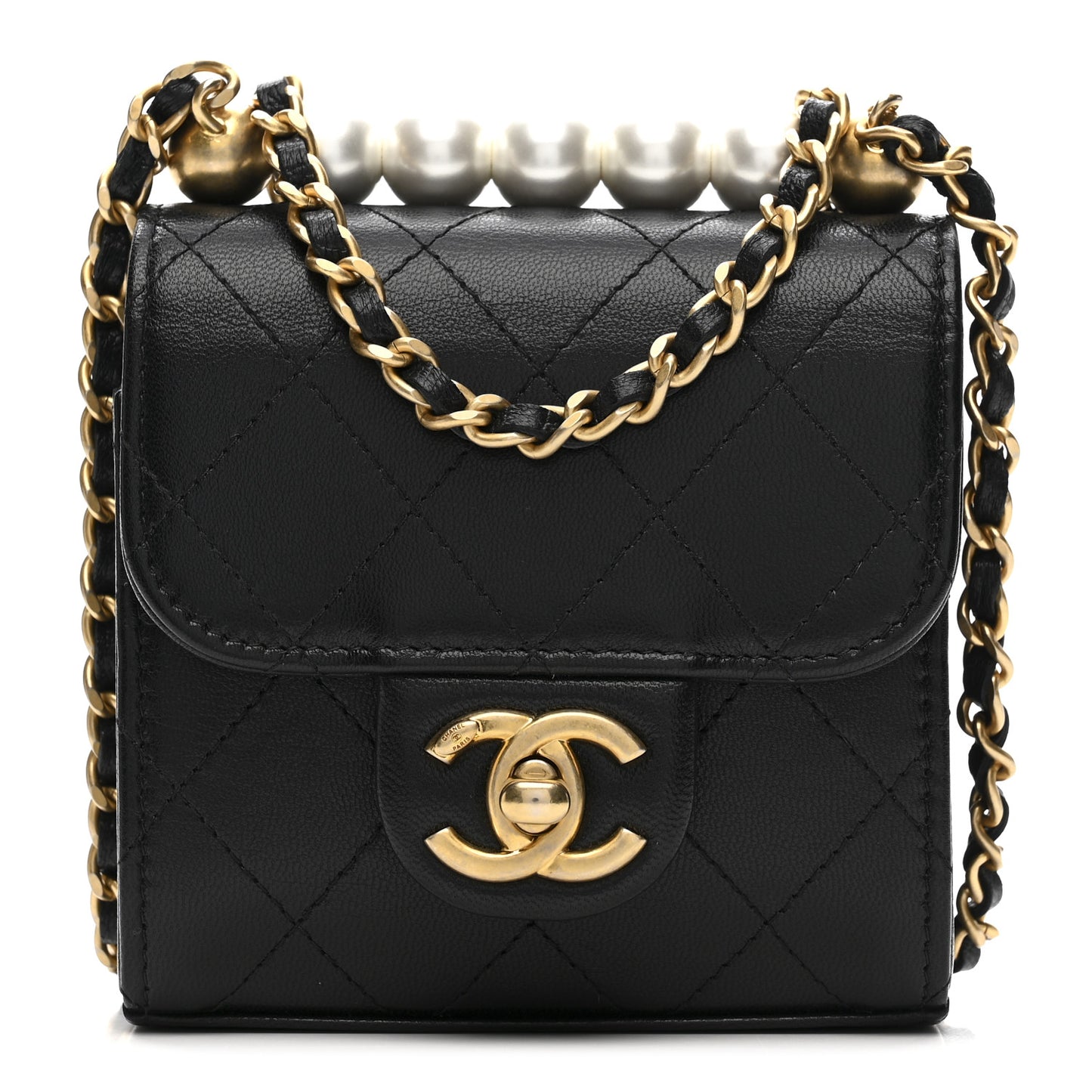 Goatskin Chic Pearls Clutch On Chain Black