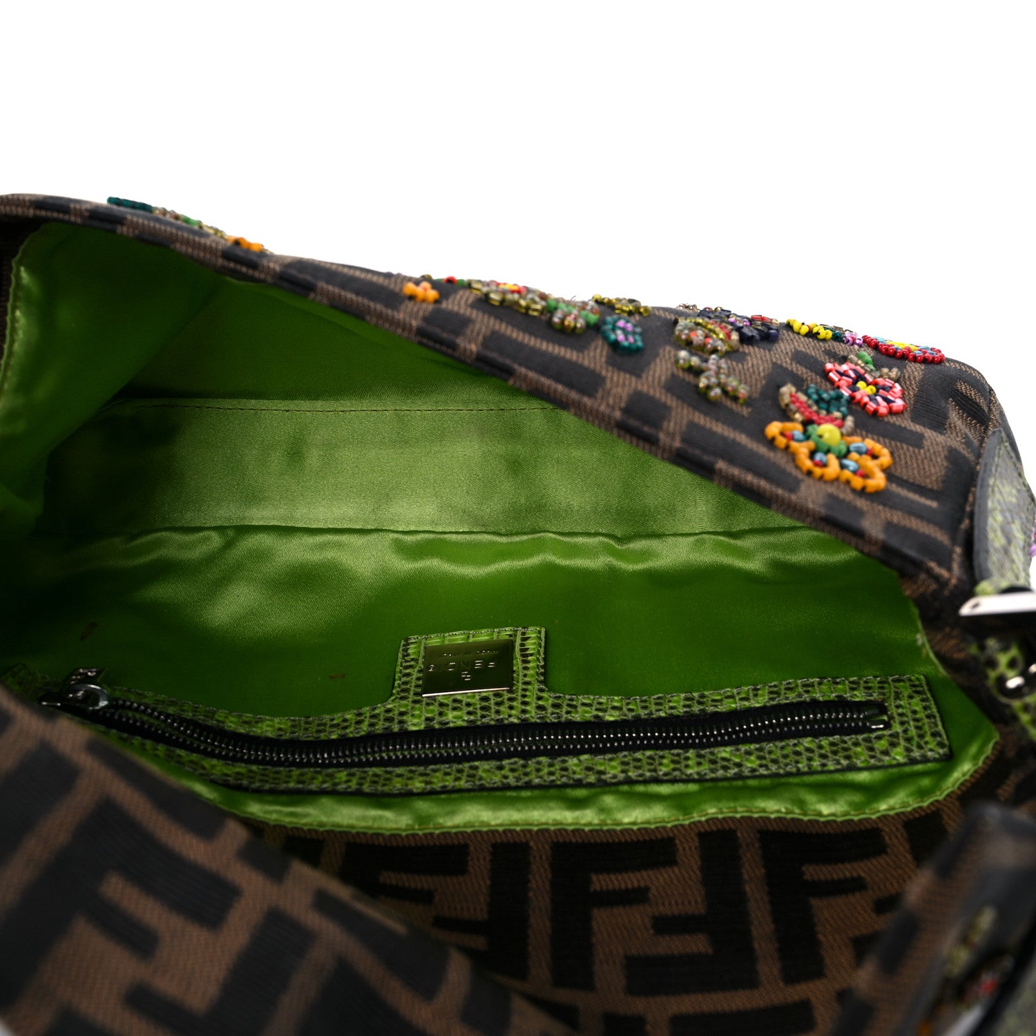 Fendi Zucca Lizard Embroidered Baguette Tobacco Green Multicolor 5 of 12