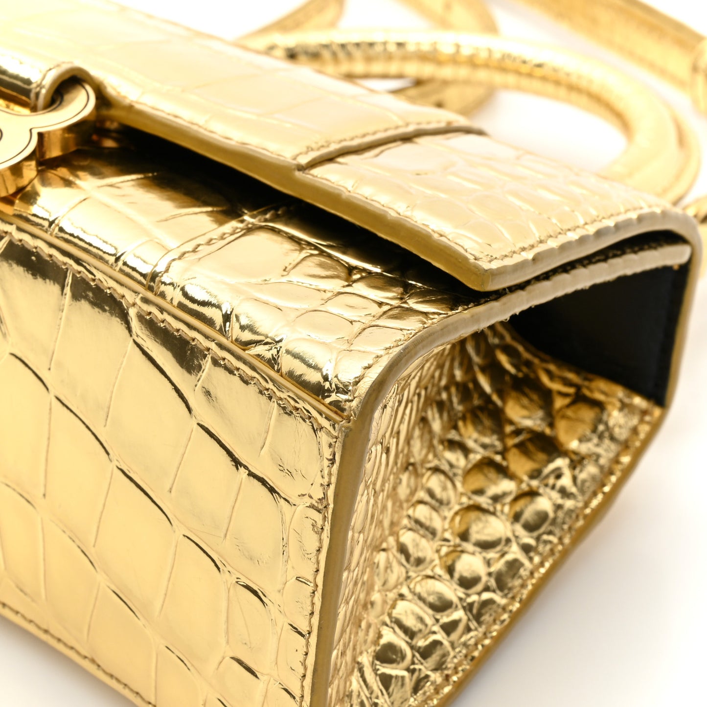 Metallic Calfskin Crocodile Embossed Hourglass Top Handle Bag XS Gold
