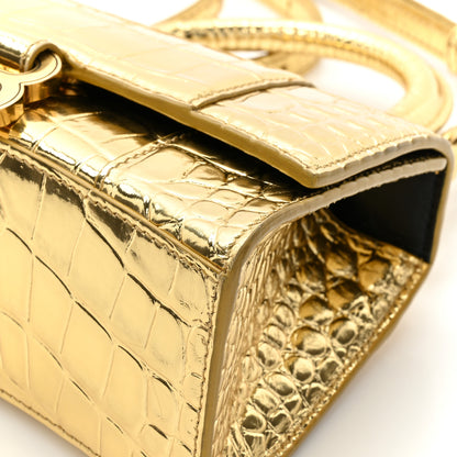 Balenciaga Metallic Calfskin Crocodile Embossed Hourglass Top Handle Bag XS Gold 14 of 16
