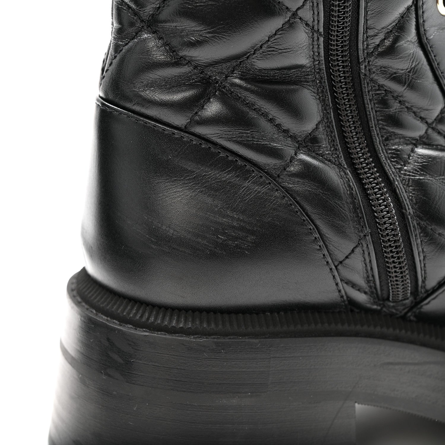 Chanel Calfskin Quilted Logo Lace Up Tall Combat Boots 37.5 Black 12 of 14