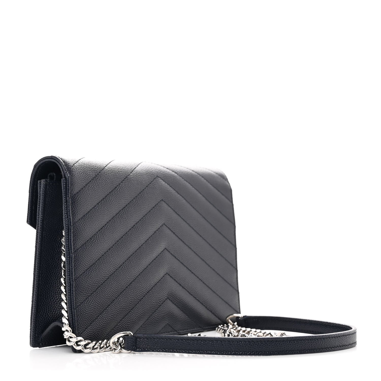 Saint Laurent Grain De Poudre Matelasse Chevron Monogram Envelope Chain Wallet Navy 3 of 12