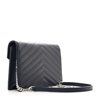 Saint Laurent Grain De Poudre Matelasse Chevron Monogram Envelope Chain Wallet Navy 3 of 12