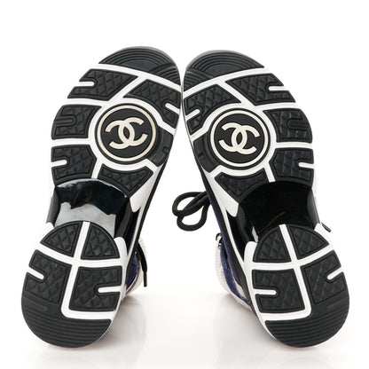 Chanel Suede Calfskin Knit CC Sneakers 38 Dark Blue Light Grey 6 of 10