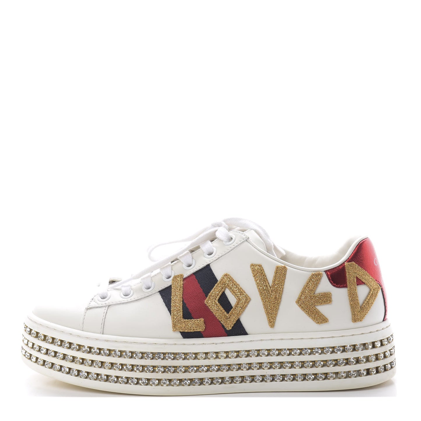 Calfskin Crystal Web LOVED Embroidered Womens Ace Platform Sneakers 36 White Red Flame Notte