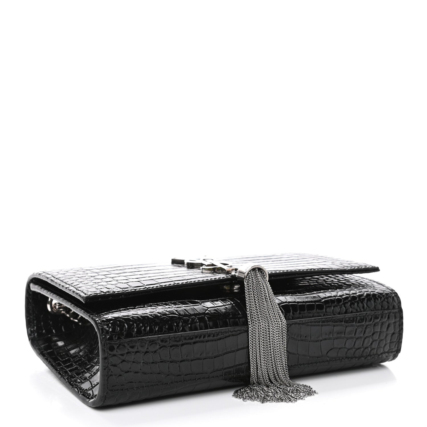 Saint Laurent Calfskin Crocodile Embossed Small Classic Monogram Kate Tassel Satchel Black 3 of 4