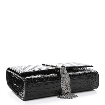 Saint Laurent Calfskin Crocodile Embossed Small Classic Monogram Kate Tassel Satchel Black 3 of 4