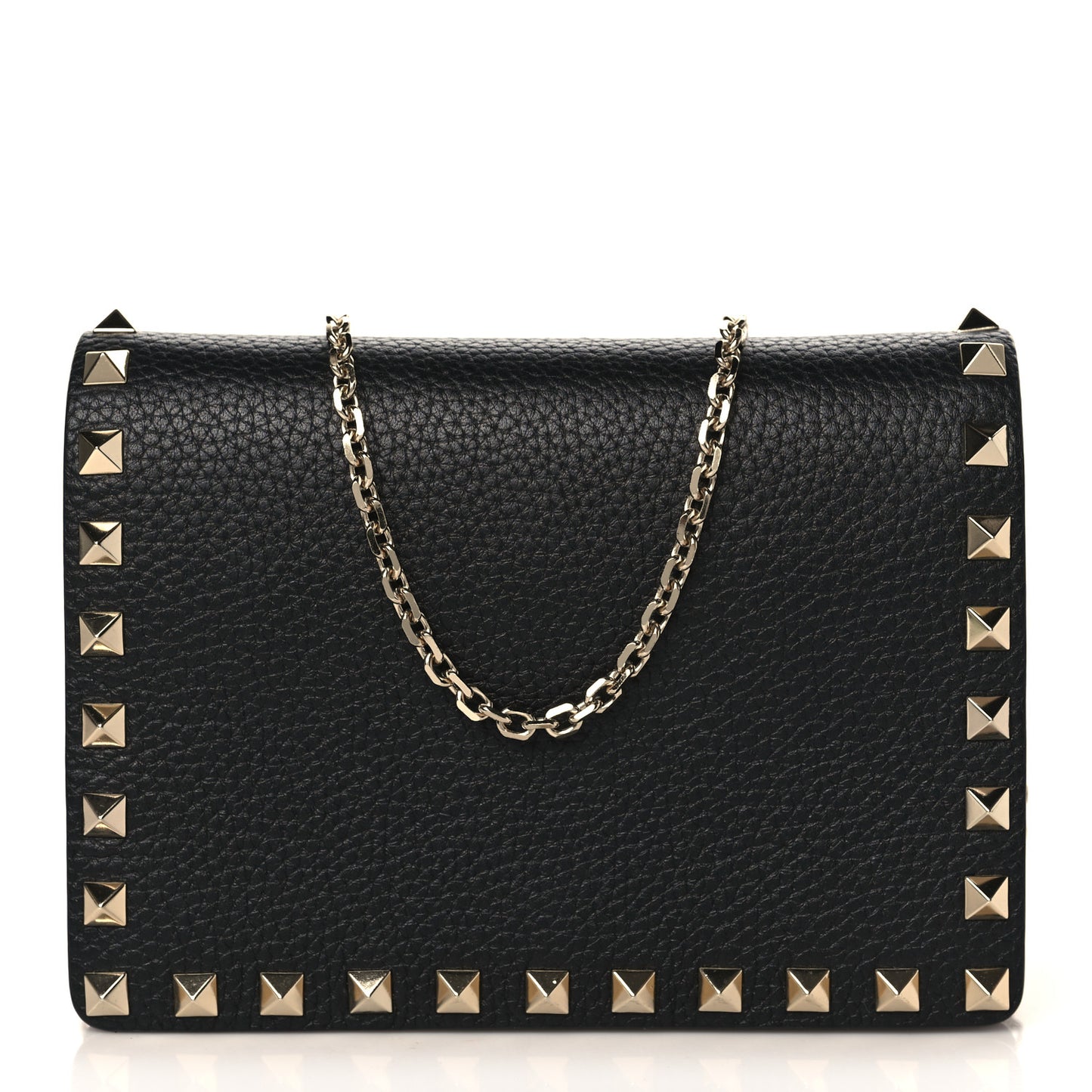 Pebbled Calfskin Rockstud Wallet on Chain Black