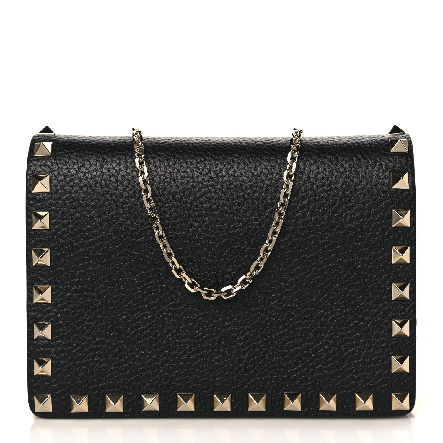 Valentino Garavani Pebbled Calfskin Rockstud Wallet on Chain Black 1 of 8