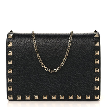 Valentino Garavani Pebbled Calfskin Rockstud Wallet on Chain Black 1 of 8