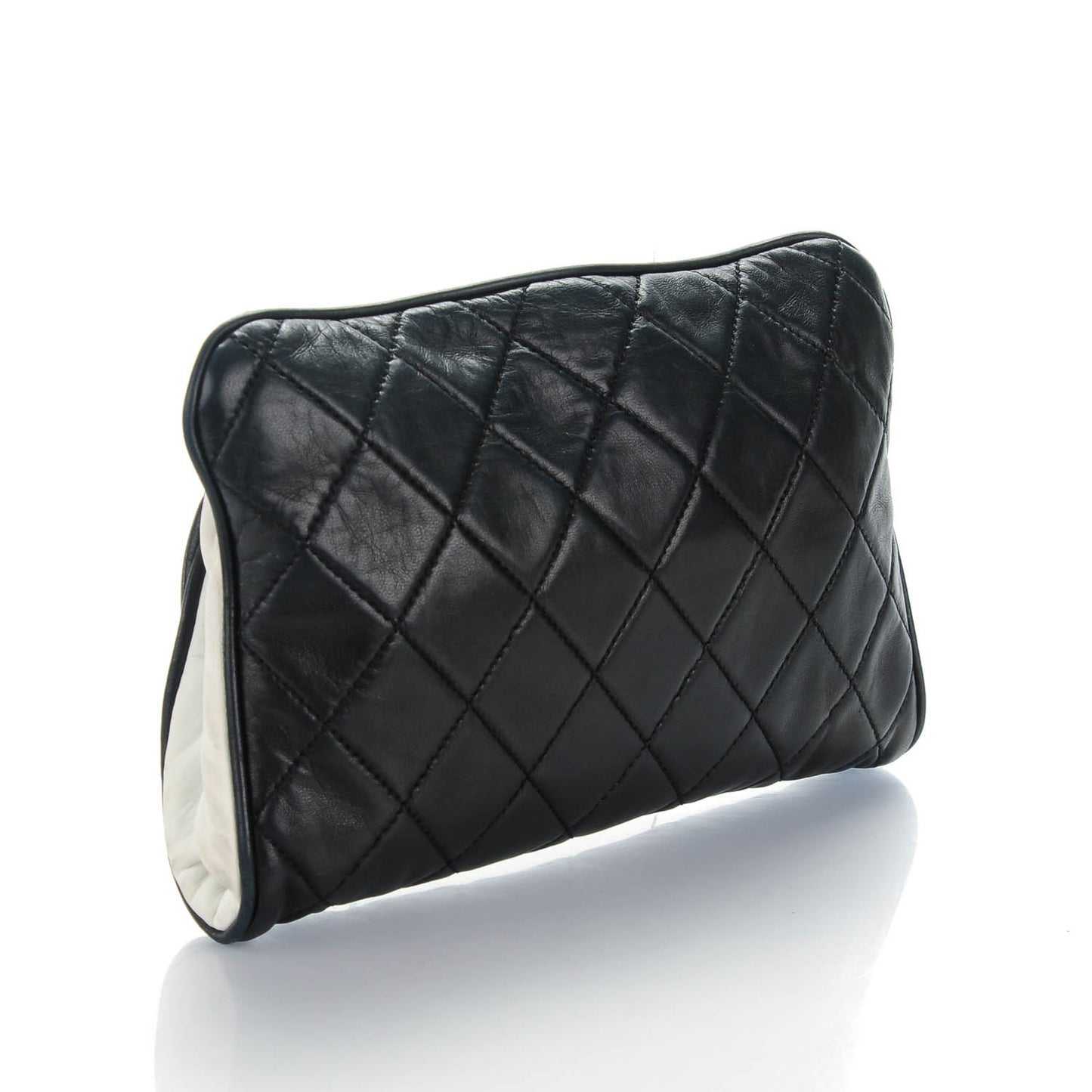 Lambskin Quilted Pearl Kiss Lock Clutch Black White