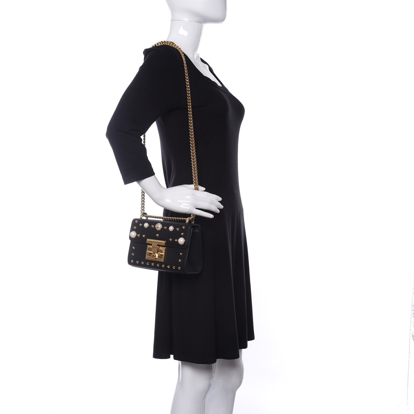 Calfskin Studded Small Padlock Shoulder Bag Black
