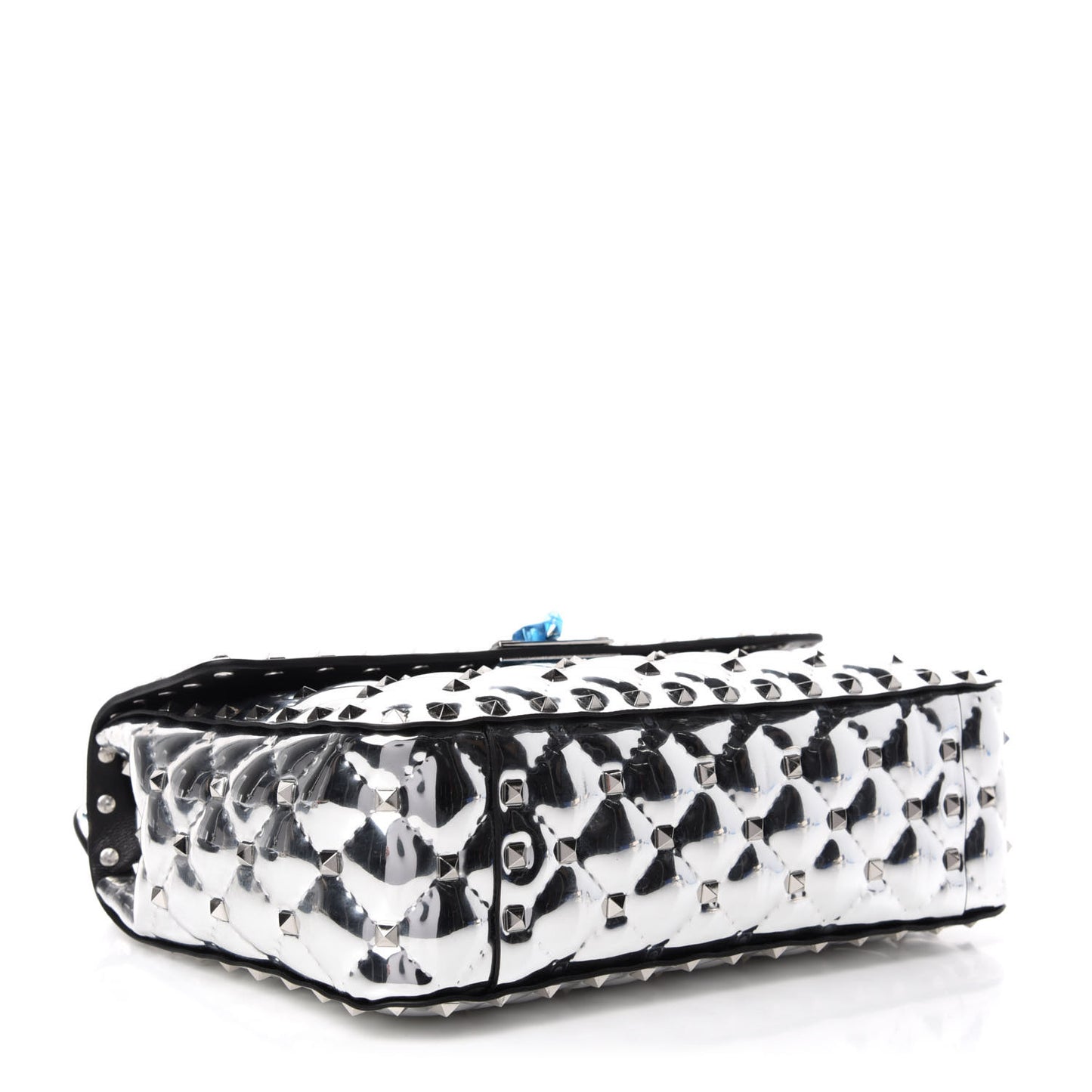 Metallic Patent Quilted Medium Rockstud Spike Shoulder Bag Silver