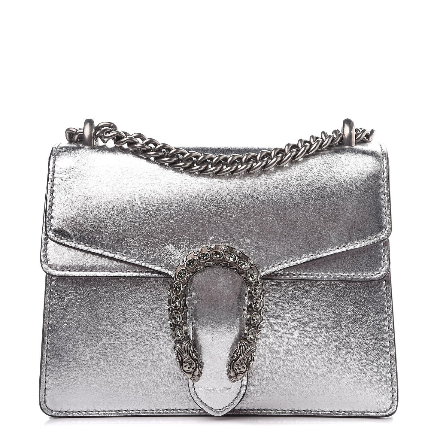 Metallic Calfskin Crystal Mini Dionysus Shoulder Bag Silver