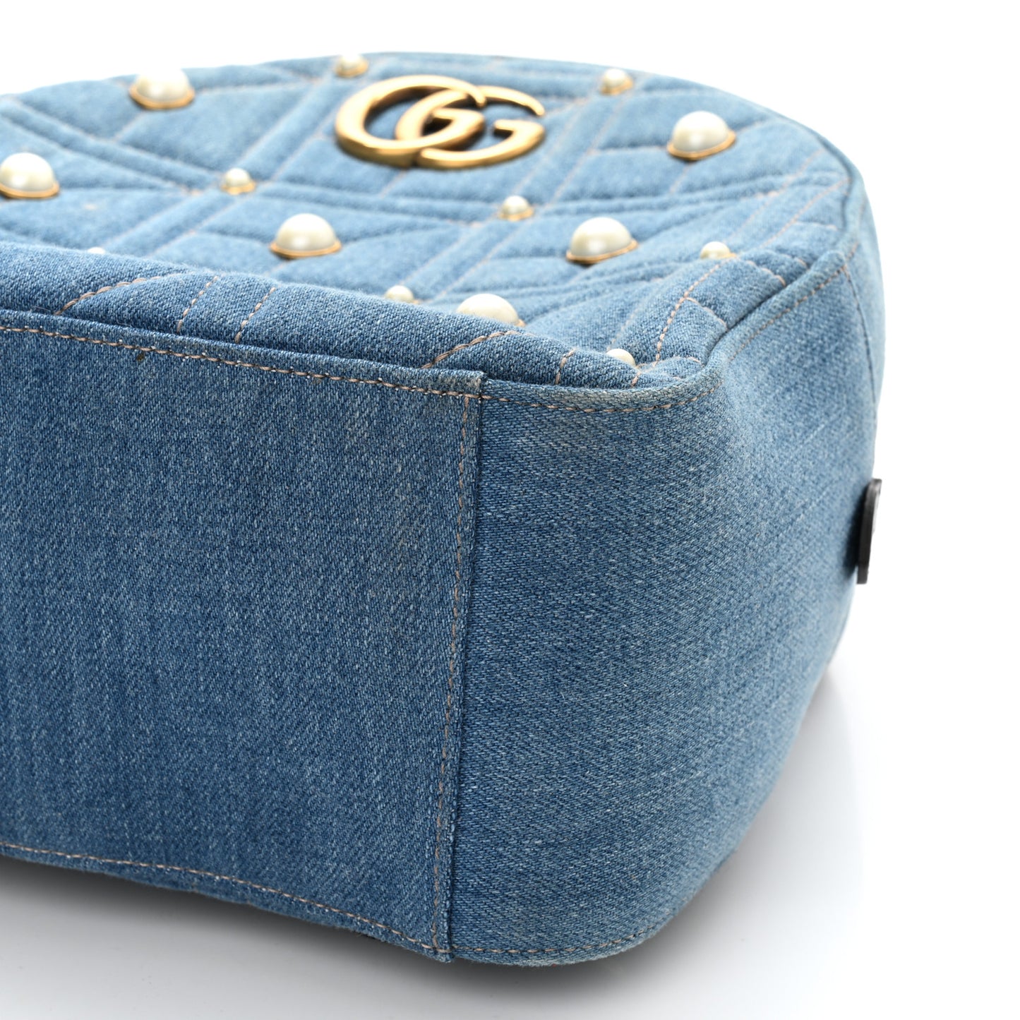 Kura Denim Matelasse Cubic Pearl Studded GG Marmont Dome Backpack Blue