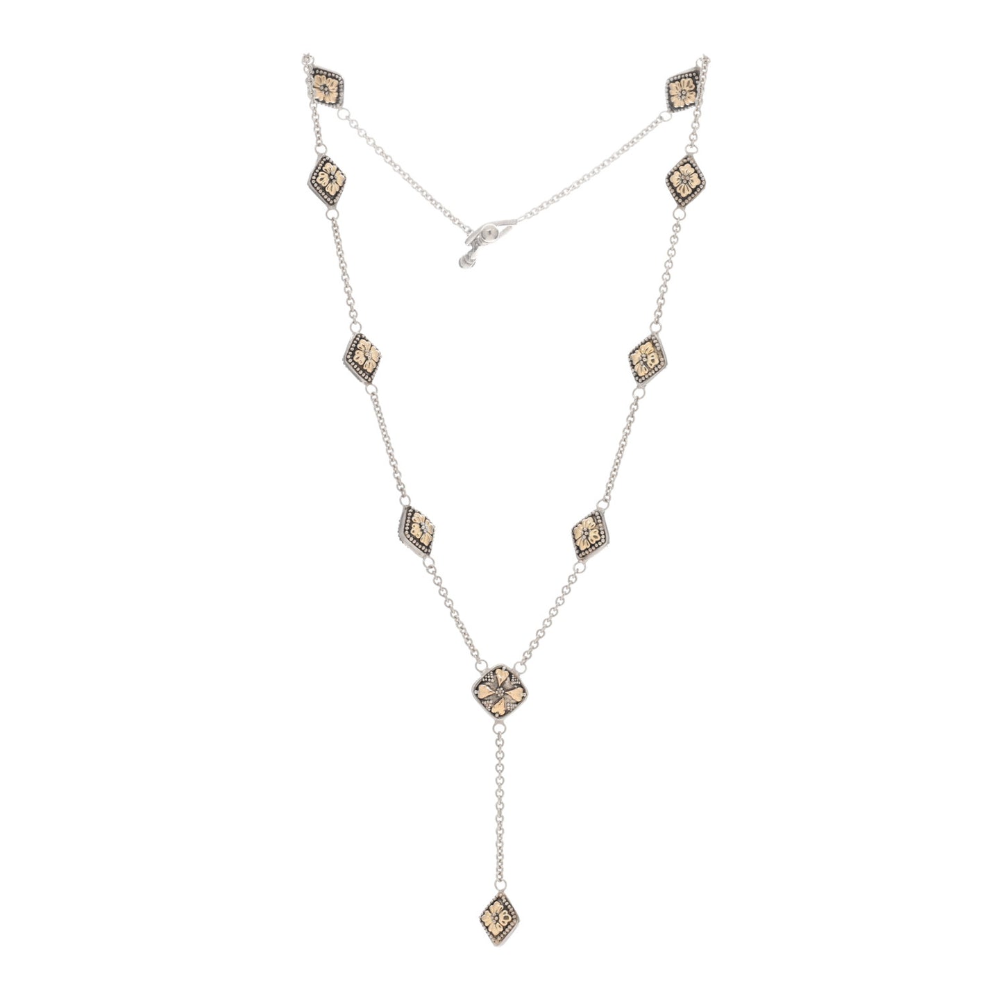 Sterling Silver 18K Yellow Gold Flower Station Y Drop Necklace
