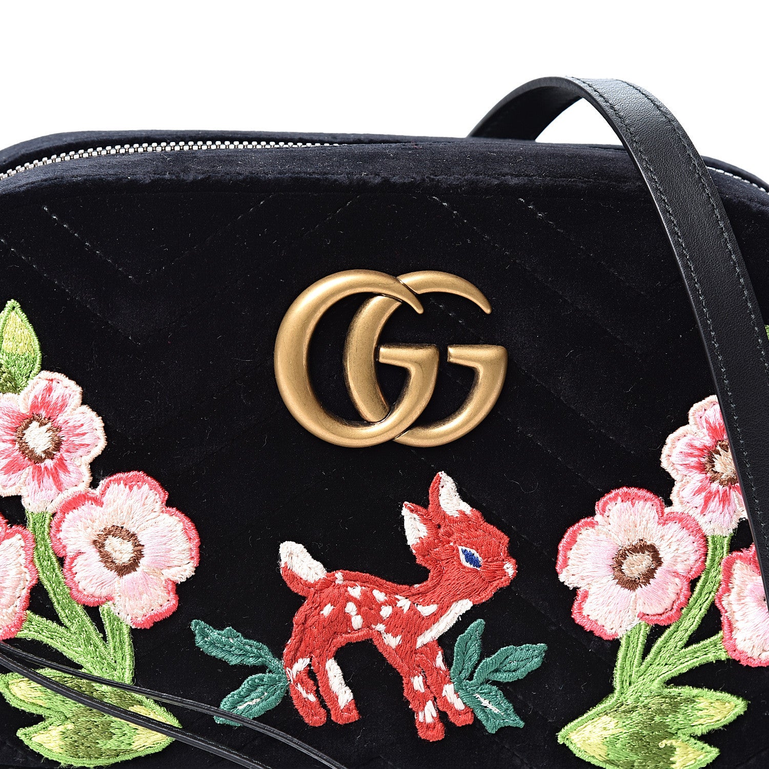 Gucci Velvet Matelasse Deer Embroidered Small GG Marmont Chain Shoulder Bag Black 6 of 9