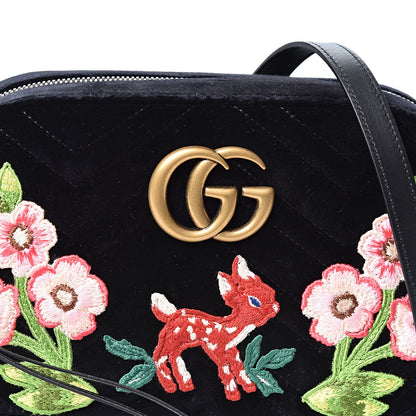 Gucci Velvet Matelasse Deer Embroidered Small GG Marmont Chain Shoulder Bag Black 6 of 9