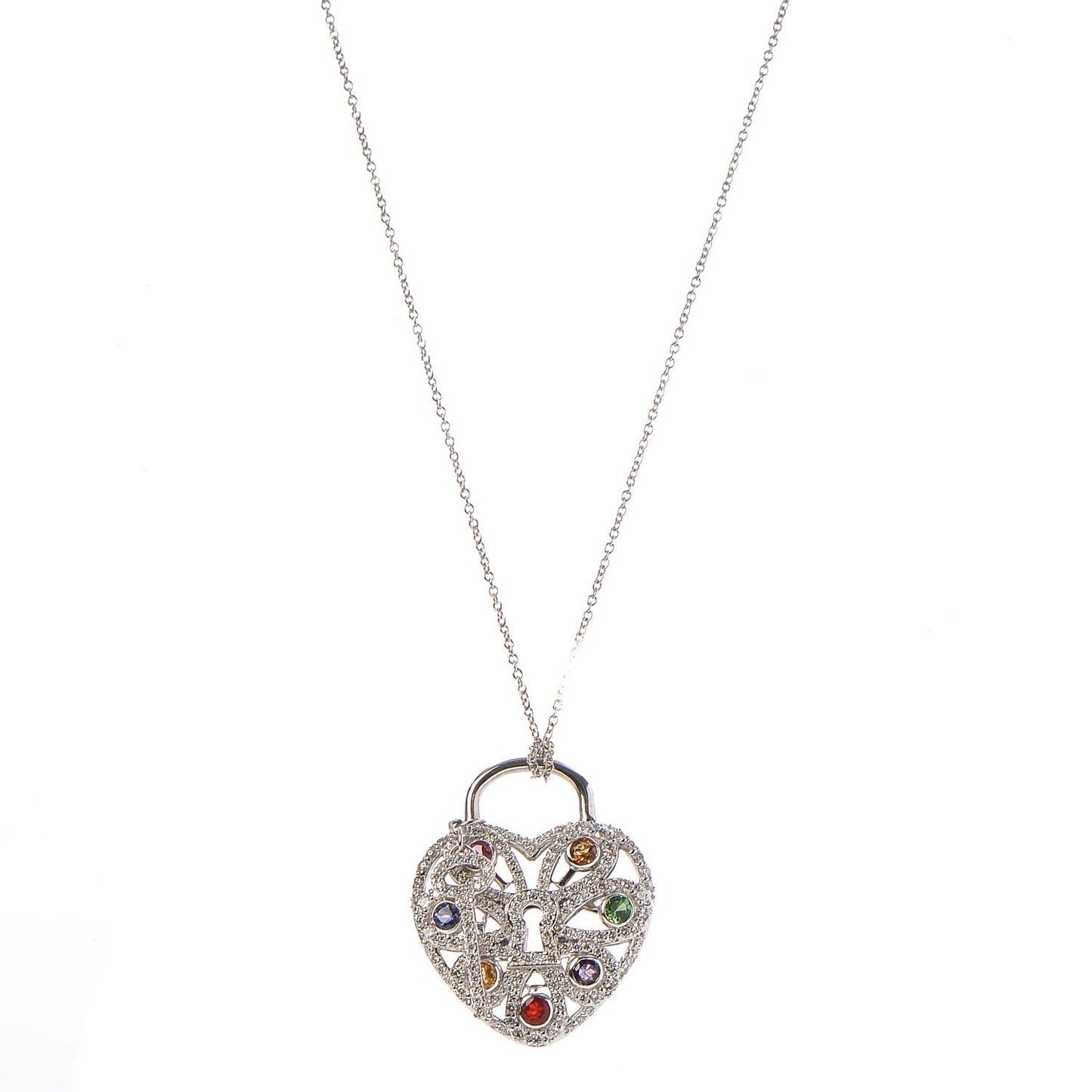 18K White Gold Diamond Multistone Filigree Heart Pendant Necklace