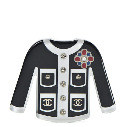 Chanel Resin Pearl Tweed Cardigan CC Brooch Black White 1 of 5