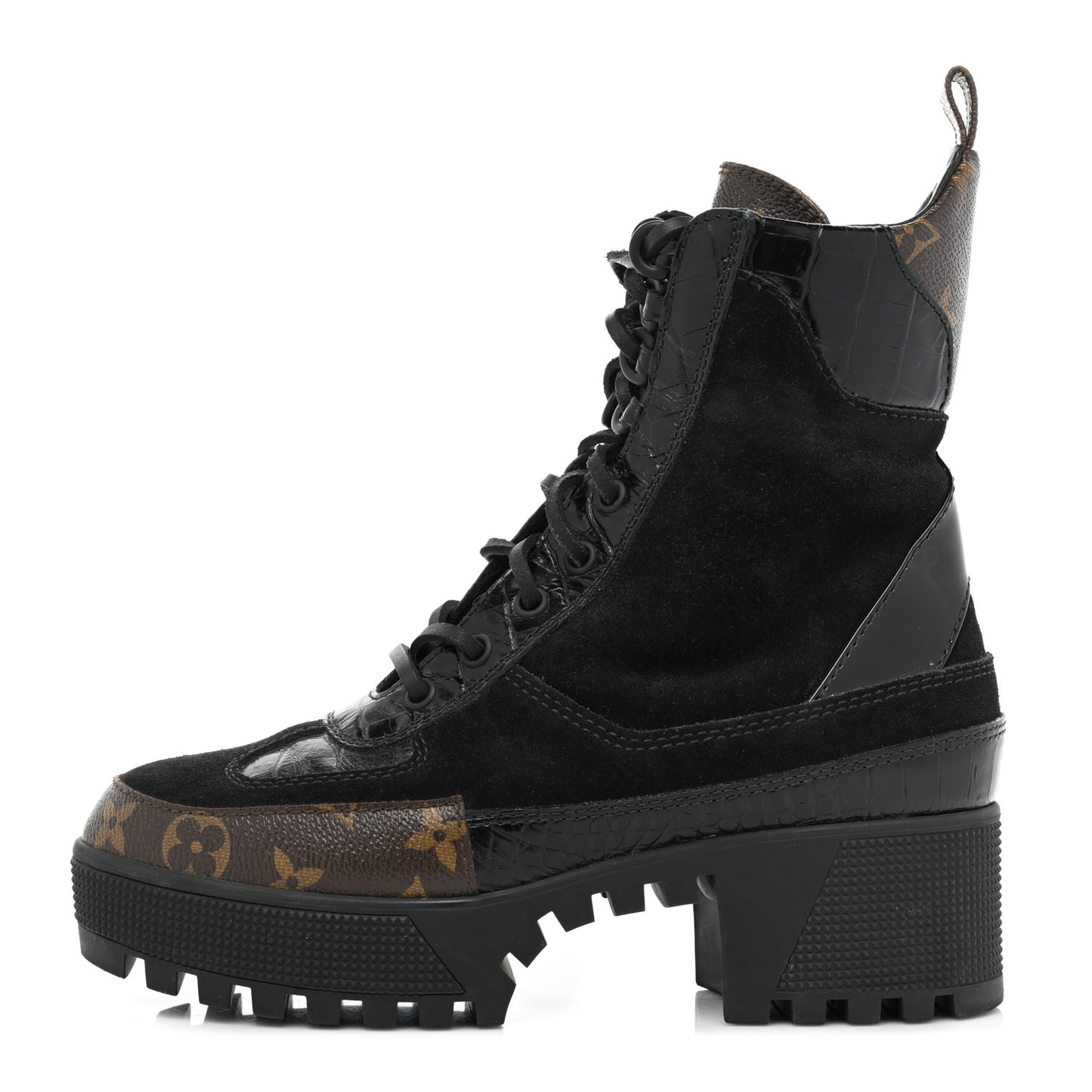Suede Calfskin Crocodile Embossed Patent Monogram Laureate Platform Desert Boots 37 Black