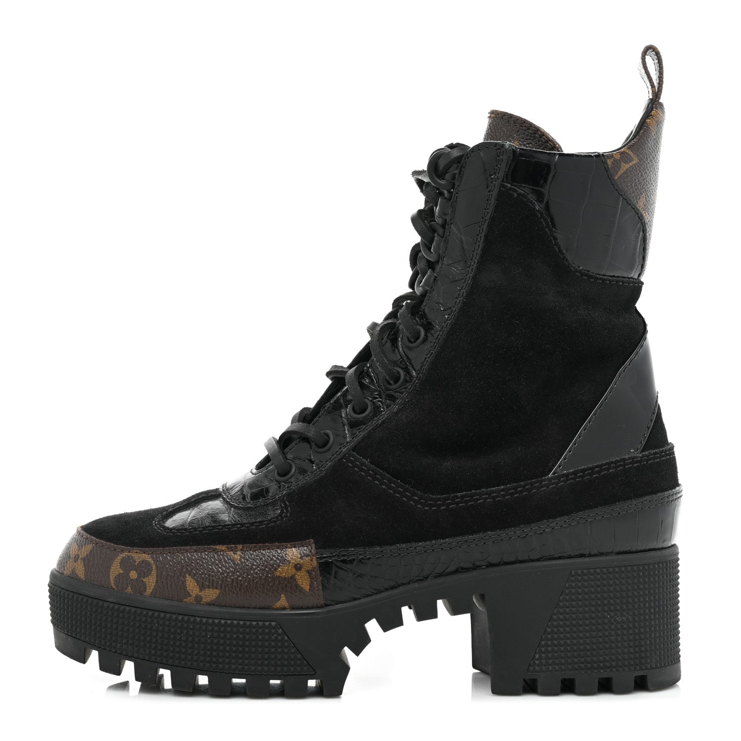 Louis Vuitton Suede Calfskin Crocodile Embossed Patent Monogram Laureate Platform Desert Boots 37 Black 1 of 14
