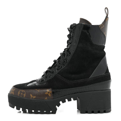 Louis Vuitton Suede Calfskin Crocodile Embossed Patent Monogram Laureate Platform Desert Boots 37 Black 1 of 14