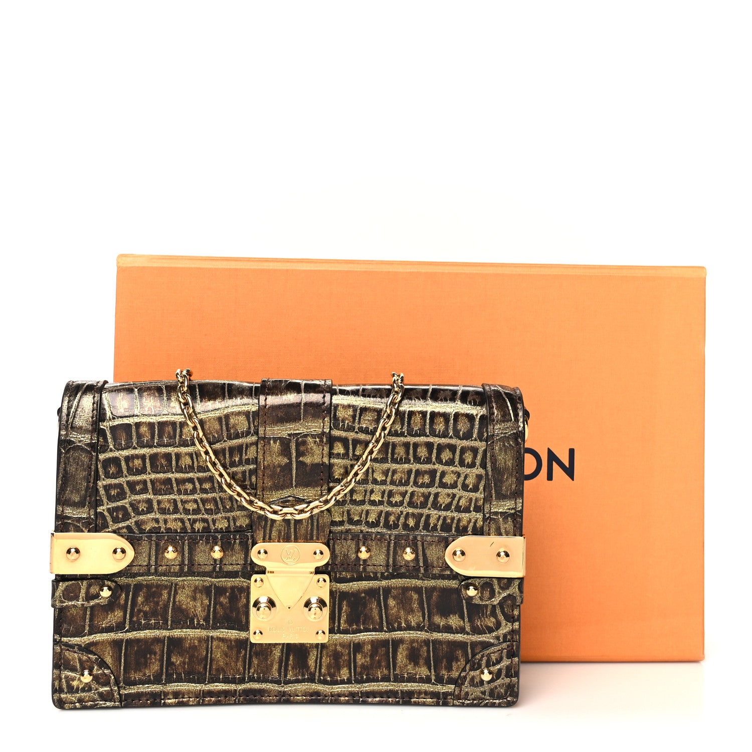 Louis Vuitton Crocodile Trunk Chain Wallet Gold Black 1191358