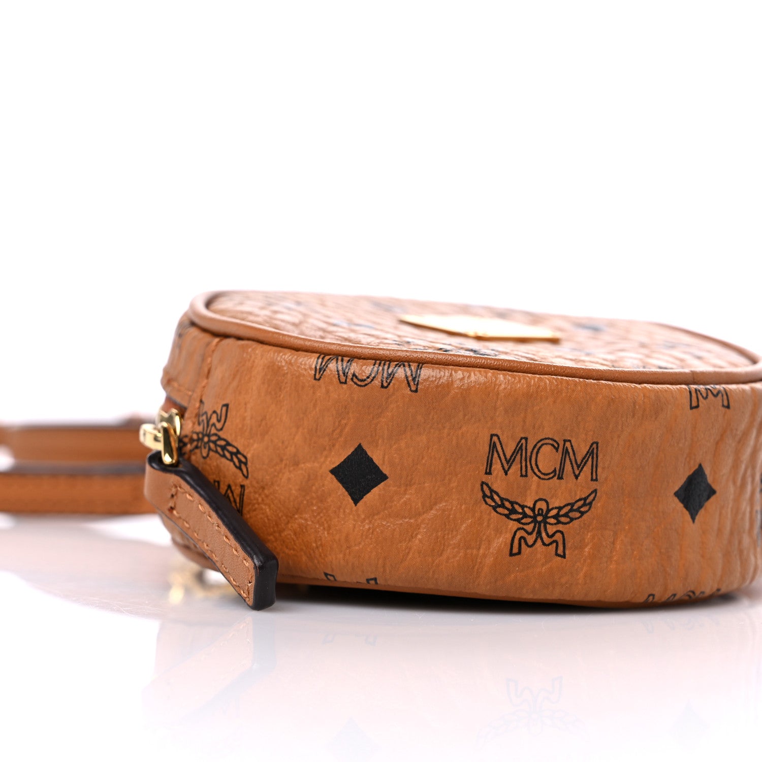 MCM Visetos Round Coin Pouch Key Ring Bag Charm Cognac 7 of 8