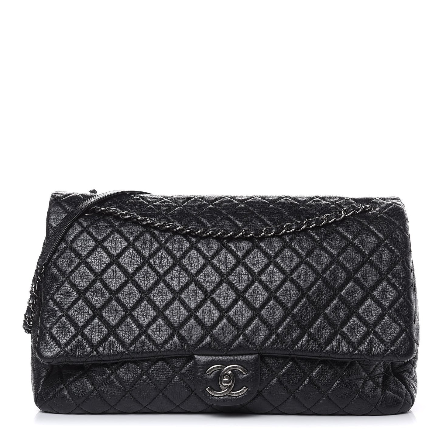 Calfskin Quilted XXL Travel Flap Bag Black