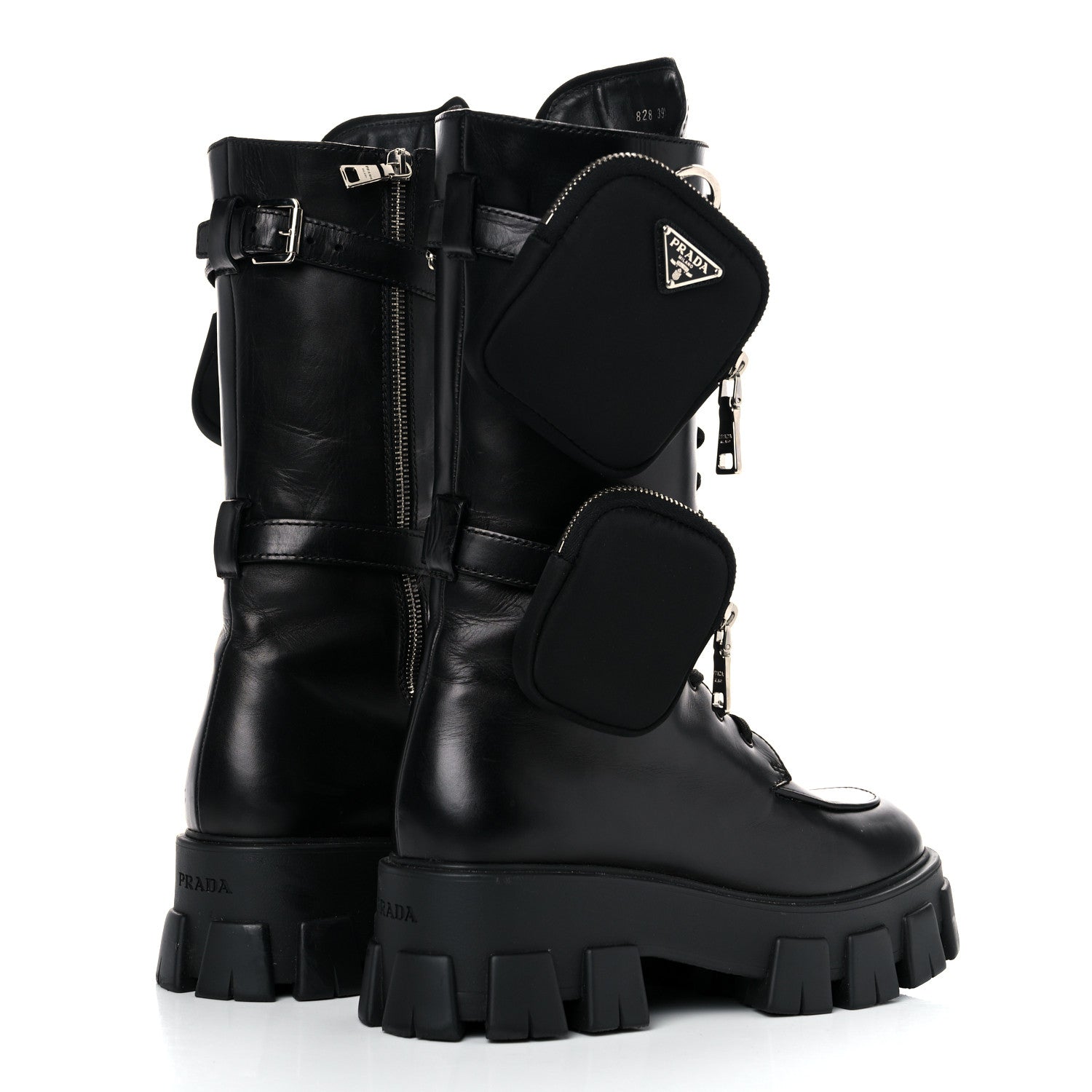 Prada Vitello Lux Nylon Metal Triangle Logo Monolith Pouch Pocket 55mm Tall Combat Boots 39.5 Black 4 of 12