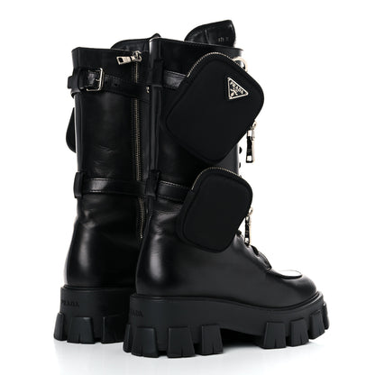 Prada Vitello Lux Nylon Metal Triangle Logo Monolith Pouch Pocket 55mm Tall Combat Boots 39.5 Black 4 of 12