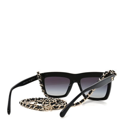 Chanel Acetate Metal Calfskin Chain Rectangle Sunglasses 71627 Black 4 of 7
