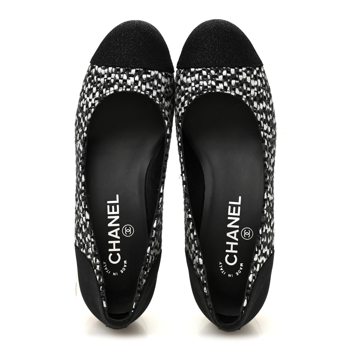 Tweed Grosgrain Chain Cap Toe Low Heel Pumps 37 Silver Grey Black