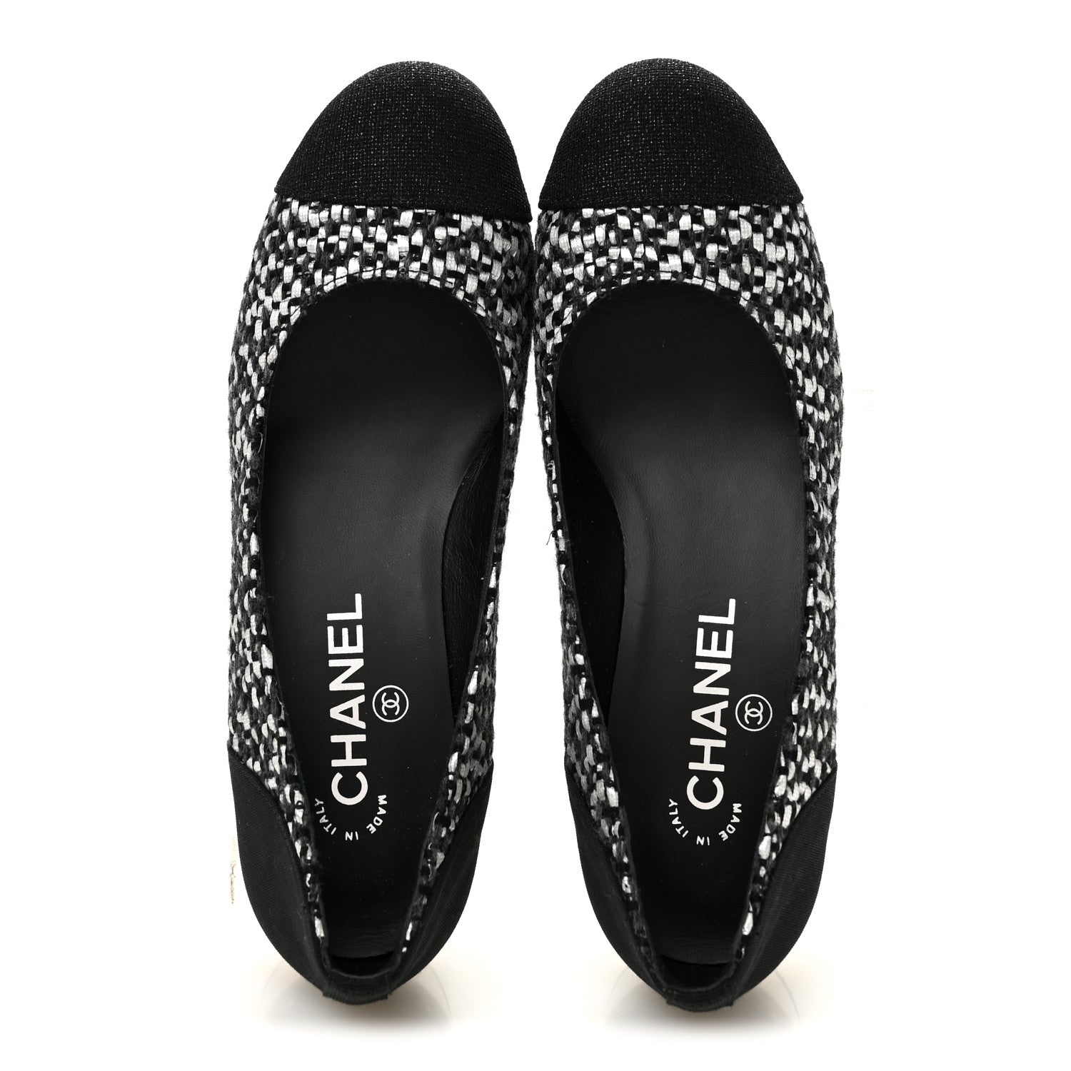 Chanel Tweed Grosgrain Chain Cap Toe Low Heel Pumps 37 Silver Grey Black 2 of 9