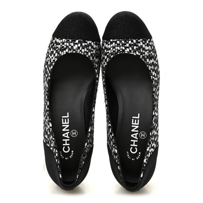 Chanel Tweed Grosgrain Chain Cap Toe Low Heel Pumps 37 Silver Grey Black 2 of 9