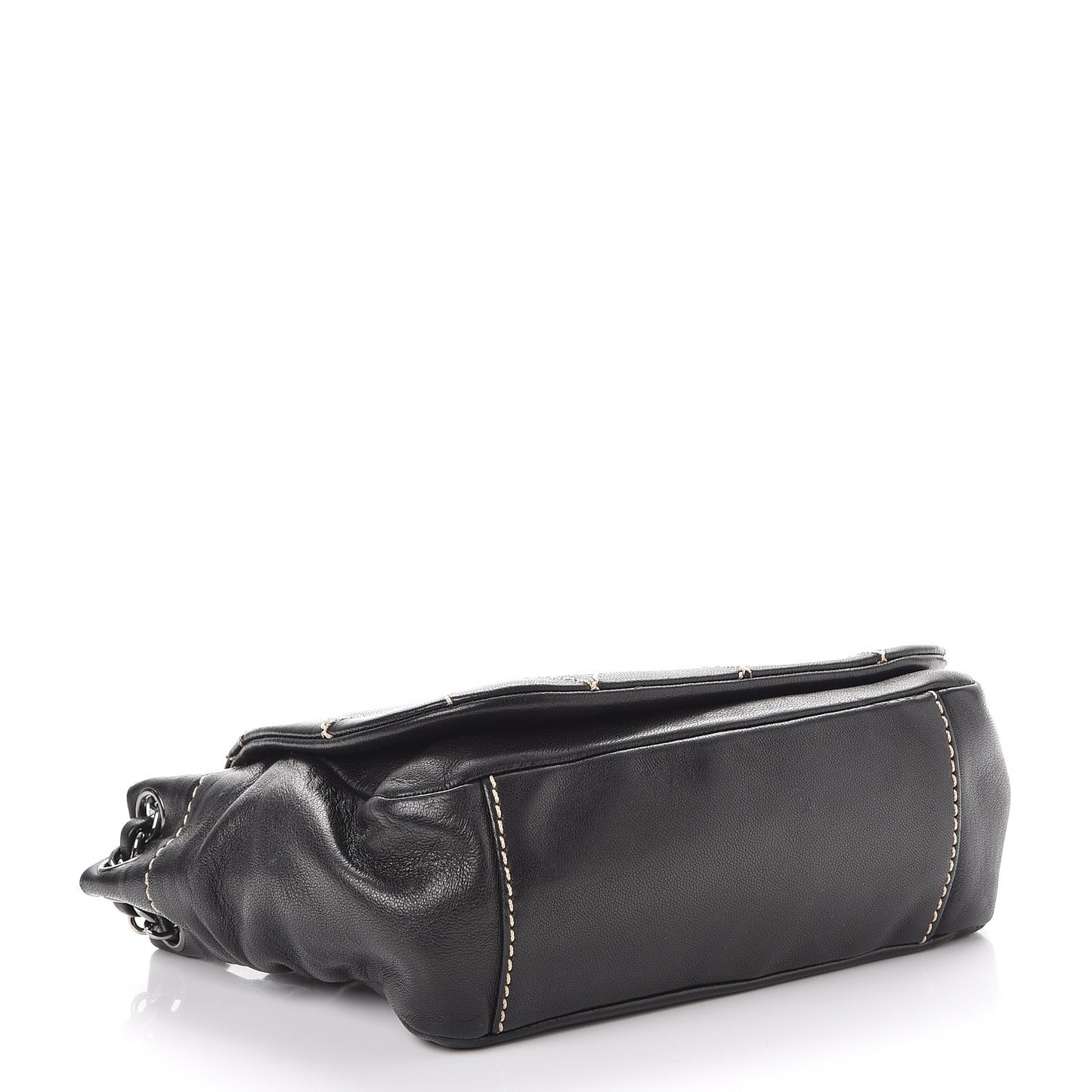 Lambskin Small Contrast Stitch Surpique Accordion Flap Black