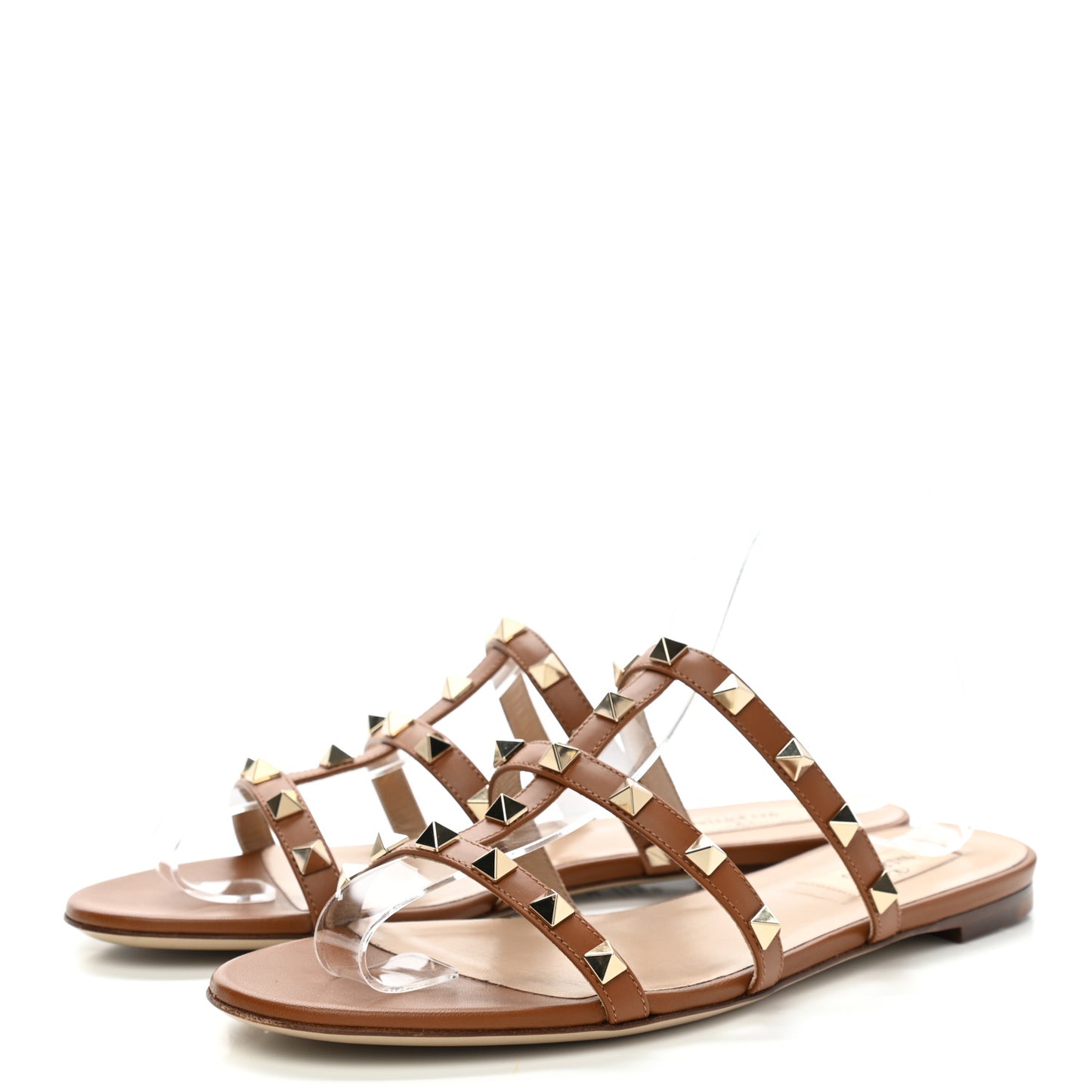 Nappa Rockstud Caged Flat Slide Sandals 37.5 Cuoio