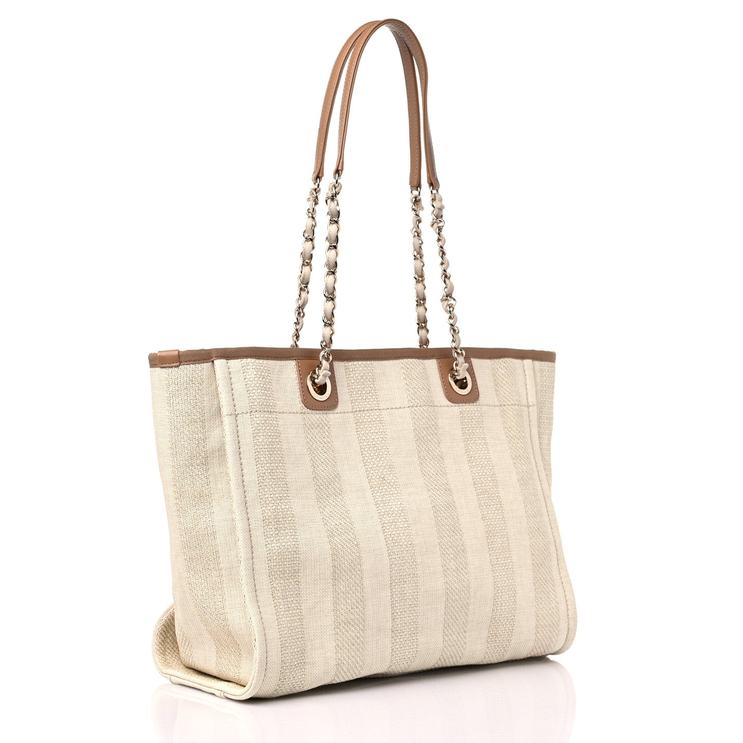 Mixed Fibers Calfskin Striped Small Deauville Tote Beige