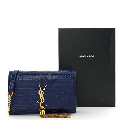 Saint Laurent Calfskin Crocodile Embossed Kate Monogram Tassel Chain Wallet Royal Blue 13 of 13