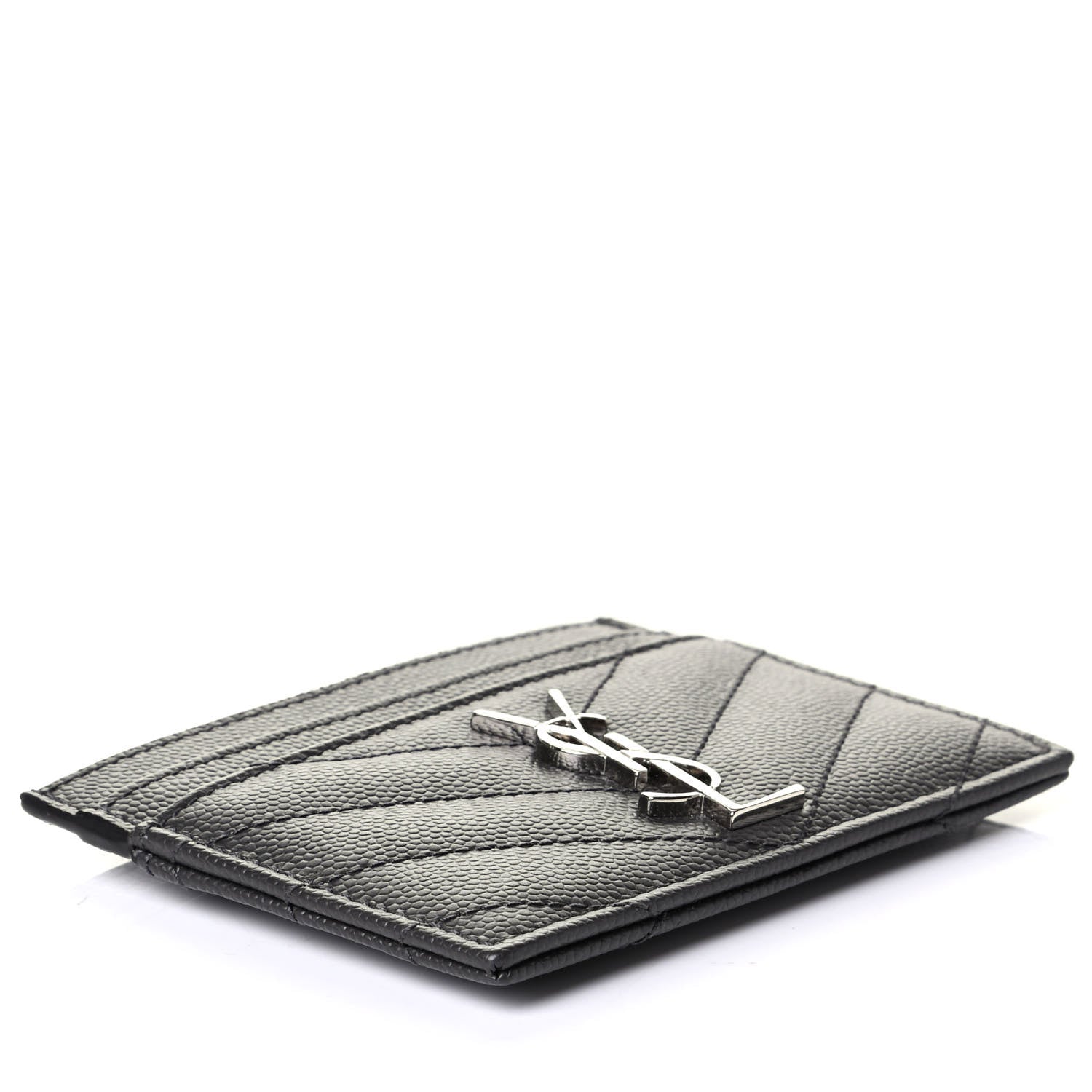 Saint Laurent Grain De Poudre Matelasse Chevron Monogram Credit Card Case Coal 3 of 4
