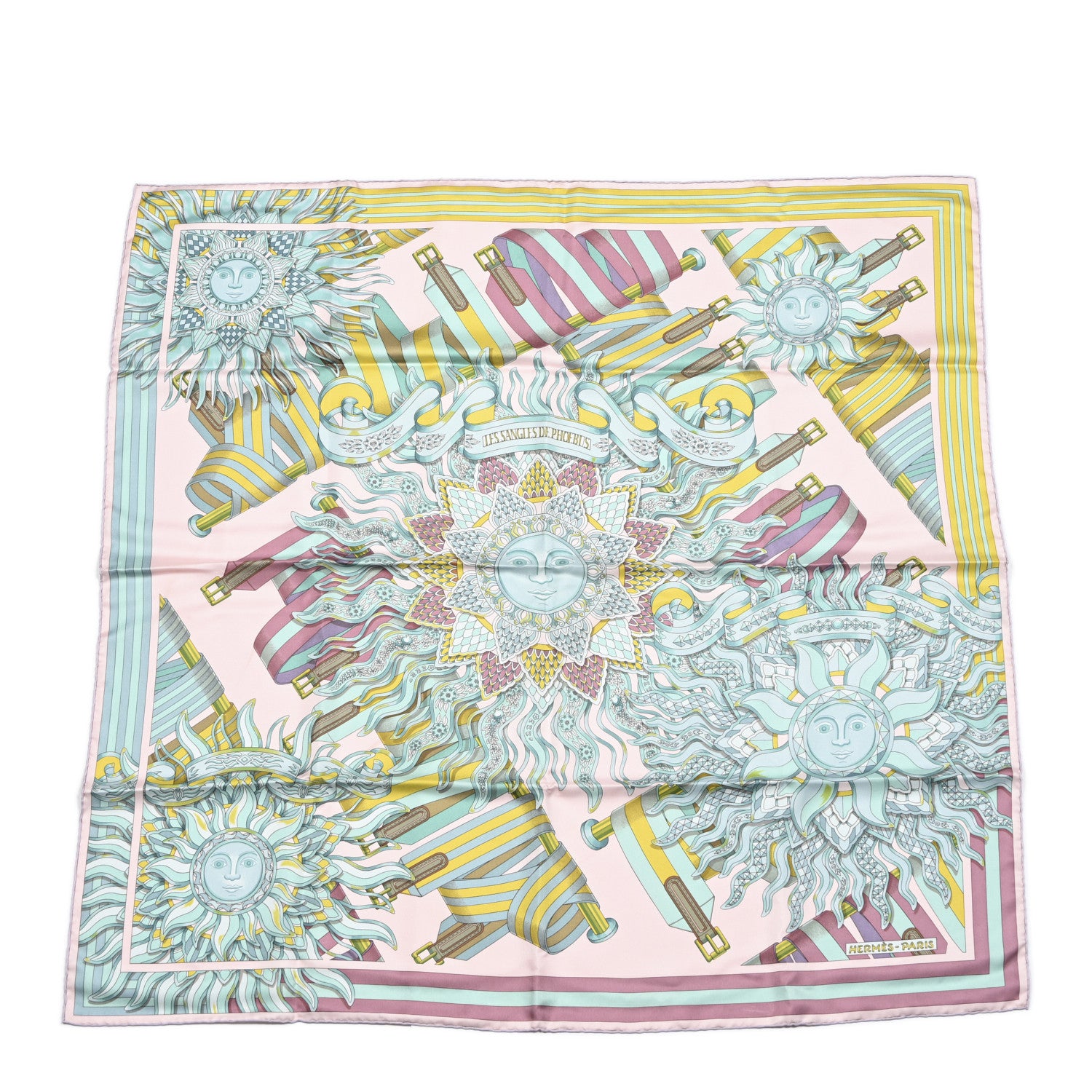 Hermes Silk Les Sangles de Phoebus Scarf 90 Rose Pale Aqua Arnica 1 of 5